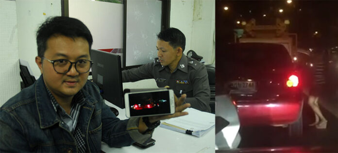 Pawarit Kasakul, 30, offers his testimony at the Hua Mak Police Station Monday. Right, the latest clip of the taxi hood-riding woman whacking the car window.