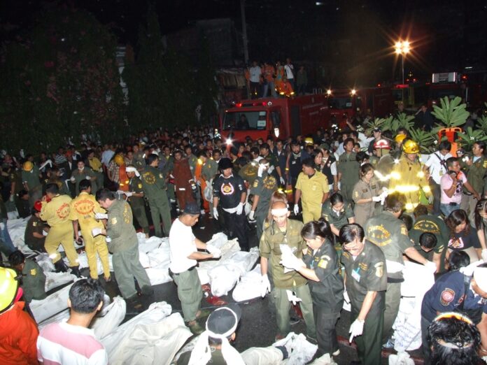 Rescue workers at the scene of the Santika nightclub fire on Jan. 1, 2009.