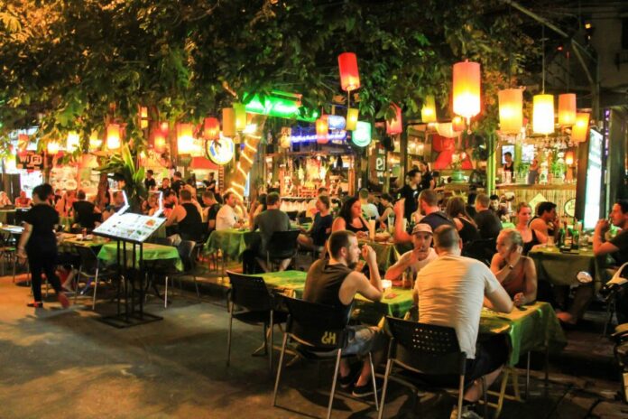 Tourists sitting in Khaosan Road in October.