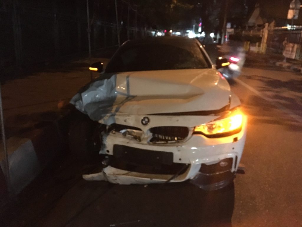 Kritrada Tabtimphol’s BMW at Huai Kwang Police Station on Tuesday night.