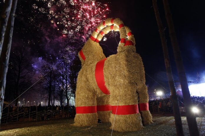 A traditional Christmas goat is unveiled Sunday in Gavle, Sweden. Pernilla Wahlman / Associated Press