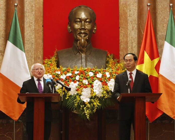 Irish President Michael Higgins, left, speaks in 2016 to reporters as his Vietnamese counterpart Tran Dai Quang listens during a joint press briefing in Hanoi, Vietnam. Photo: Tran Van Minh / Associated Press