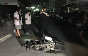 Tongsa Sudla’s motorcycle at the scene of his murder Tuesday night in Bangkok.