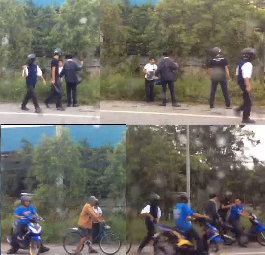 Factory worker Eakarin Thurapat, is attacked by three men Wednesday on a Samut Prakan province road in a series of still images taken from an eyewitness video.