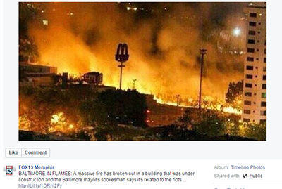 The dramatic photo showing a wall of flame approaching a McDonald’s franchise was presented by a Fox News channel last year as showing Baltimore, Maryland, burning due to riots after an African American resident was killed in a police van.