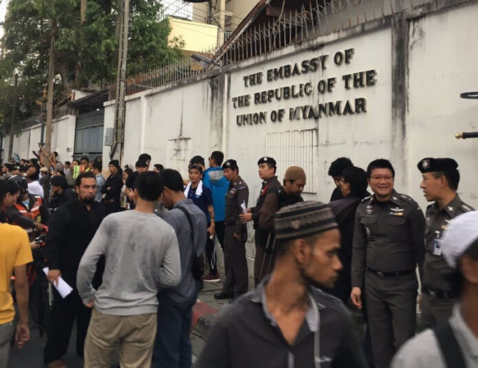 Protesters in front of the Myanmar Embassy in 2016 on Sathorn Road in Bangkok. Image: @Happybirdyday / Twitter