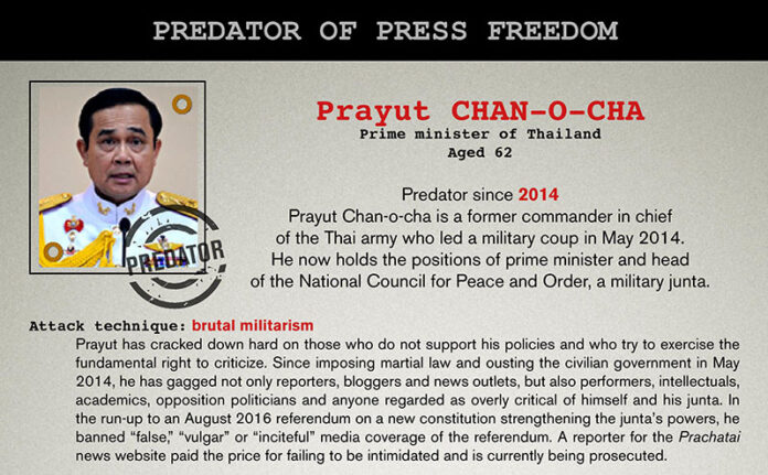 A faux hunting license prepared by Reporters Without Borders for Gen. Prayuth Chan-ocha, which it named a ‘press freedom predator’ for a second year on Wednesday.