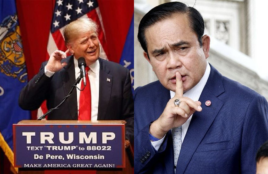 At left, then-candidate Donald Trump at a March campaign event. At right, Gen. Prayuth Chan-ocha in December.