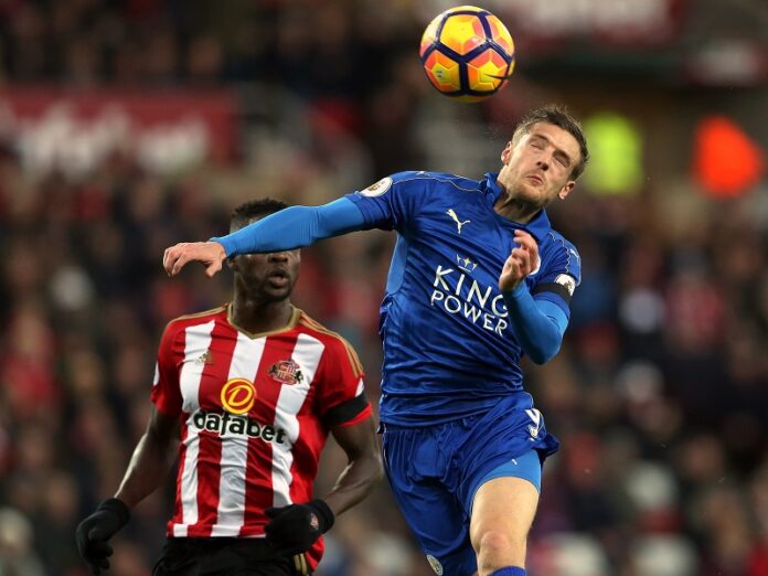 Leicester City's Jamie Vardy, right, battles for the ball with Sunderland's Papy Djilobodji during their English Premier League soccer match last year at Selhurst Park, London. Photo: Olly Greenwood / Associated Press