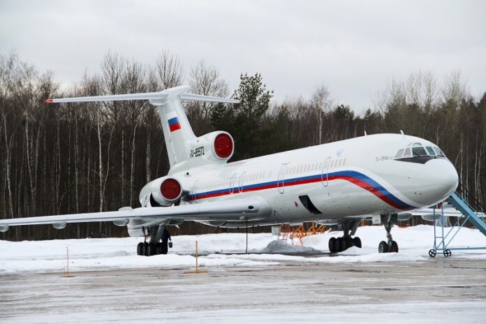 This photo taken in 2015 shows the Tu-154 plane with registration number RA-85572 at Chkalovsky military airport near Moscow, Russia. Photo: Dmitry Petrochenko / Associated Press