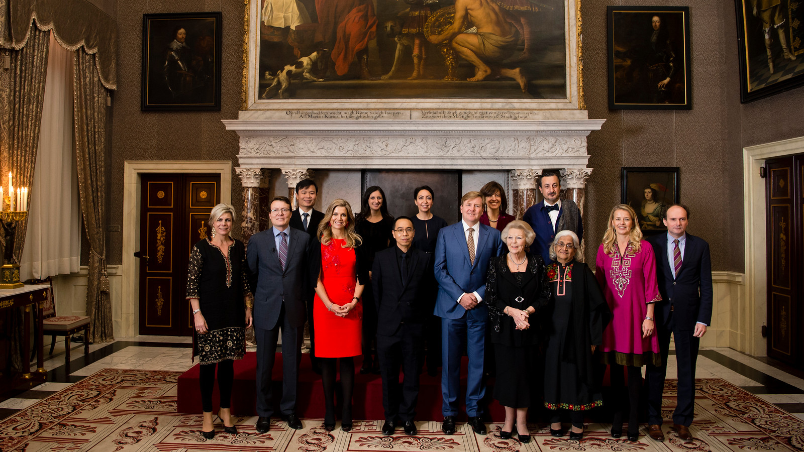 Apichatpong Weerasethakul, sixth from left, poses with Dutch prince Constantijn Aschwin, second from left, and other royals and recipients of the 2016 Prince Claus Awards on Thursday at the Royal Palace in Amsterdam. Photo: Frank van Beek / Prince Claus Fund. 