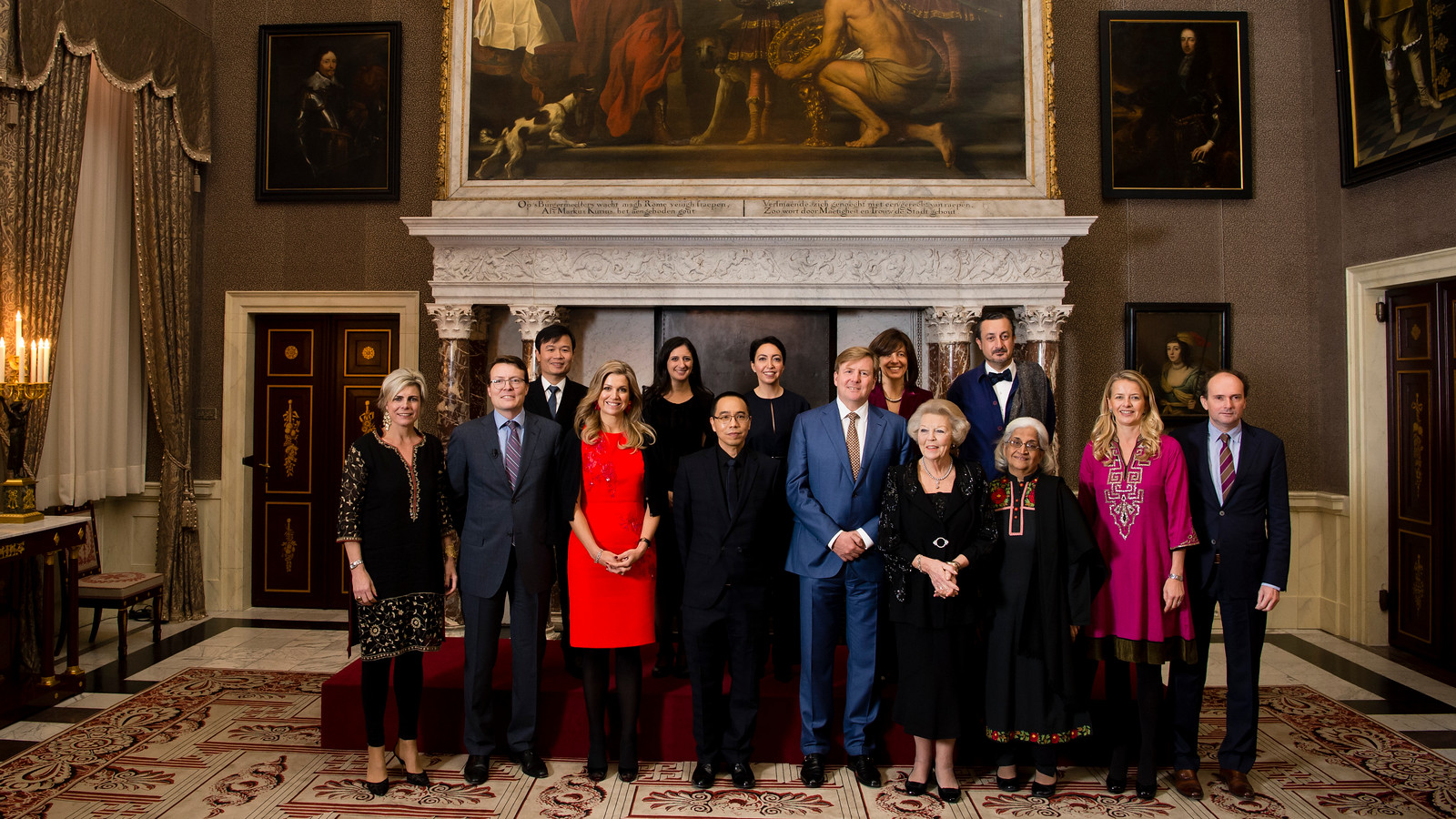 Apichatpong Weerasethakul, sixth from left, poses with Dutch prince Constantijn Aschwin, second from left, and other royals and recipients of the 2016 Prince Claus Awards on Thursday at the Royal Palace in Amsterdam. Photo: Frank van Beek / Prince Claus Fund.