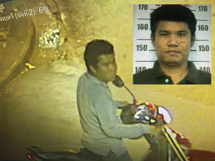 Ekburut Ritrakkhaphan, 32, seen in an image from a security camera with an Australian woman on his motorcycle traveling from the Khok Wua junction near Khaosan Road to an abandoned building where she said she was assaulted in the early hours of Dec. 5.