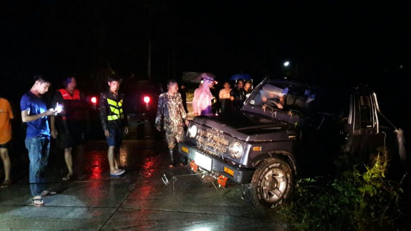 Pajorn Saedan’s Suzuki Caribbean after it was swept down the road Wednesday in Nakhon Si Thammarat.