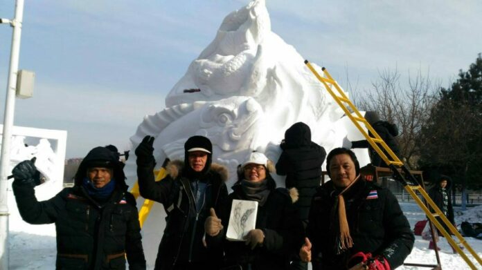 Thailand’s winning team at the Ninth International Collegiate Snow Sculpture Contest 2017 Sunday in Harbin.