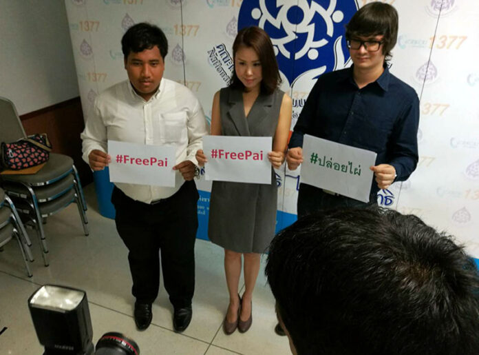 Pro-democracy activists, from left, Sirawith Seritiwat, Nuttaa Mahattana and Rangsiman Rome on Tuesday at the National Human Rights Commission in Bangkok.
