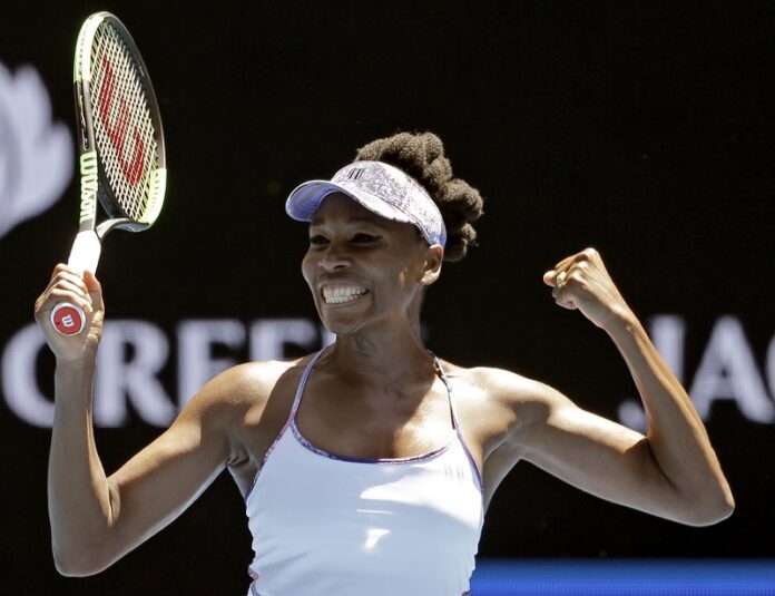 United States' Venus Williams celebrates after defeating Russia's Anastasia Pavlyuchenkova during their quarterfinal Tuesday at the Australian Open tennis championships in Melbourne, Australia. Photo: Aaron Favila / Associated Press