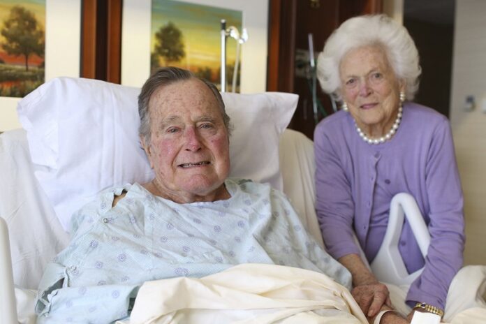 In this photo provided by Office of George H.W. Bush on Monday, former President George H.W. Bush and his wife Barbara pose for a photo at Houston Methodist Hospital in Houston, Texas. Photo: Associated Press