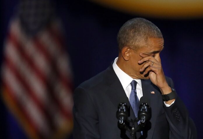 President Barack Obama wipes his tears as he speaks Tuesday at McCormick Place in Chicago. Photo: Charles Rex Arbogast / Associated Press