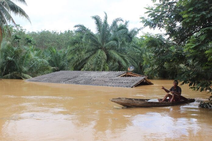 Flood level reaches 3-meter high in Surat Thani's Vibhavadi district Monday.