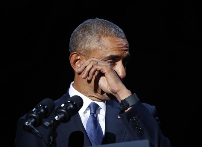 President Barack Obama wipes away tears while speaking during his farewell address Tuesday at McCormick Place in Chicago. Photo: Pablo Martinez Monsivais / Associated Press