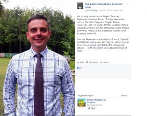 The British International School of Krabi announced Alexander Rosen's hiring on June 29 on Facebook.