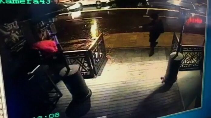 This image taken from CCTV provided by Haberturk Newspaper Sunday shows the attacker, armed with a long-barrelled weapon, shooting his way into the Reina nightclub in Istanbul, Turkey on Sunday morning. Photo: CCTV / Haberturk Newspaper via AP
