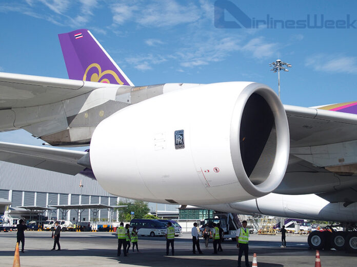 An undated file photo of a Rolls-Royce engine on a Thai Airways aircraft. Image: Airlinesweek