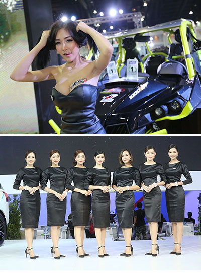 At top, a promotional model known as a 'pretty' from a March 2016 auto show. At bottom, newly covered 'pretties' shifted into modesty for a December 2016 show.