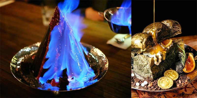 ‘Inferno Mountain’ (450 baht) and ‘Lost Treasure,’ (499 baht) Lord of the Rings and Pirates of the Caribbean-inspired desserts by Mocking Tales, respectively. Photo: Mocking Tales
