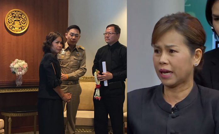 At left, Jomsup Saenmuangkot in a Tuesday night appearance on Channel X. At right, she meets with officers at the Ministry of Justice on Monday.
