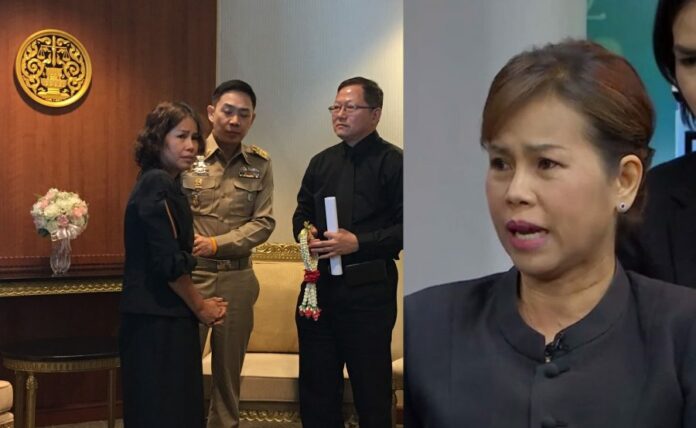 At left, Jomsup Saenmuangkot in a Tuesday night appearance on Channel X. At right, she meets with officers at the Ministry of Justice on Monday.