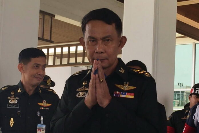 Gen. Preecha Chan-ocha, a brother of junta chairman Prayuth Chan-ocha, greets reporters on Sept. 21, 2016. His son Pathompol is under investigation for his company, which was awarded nearly 200 million baht in army contracts under questionable terms.