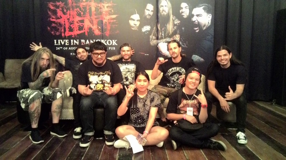 Headbangkok crew with musicians from Suicide Silence when the band performed in August in Bangkok. From left, Mark Heylmun, Alex Lopez, Charlie Sookcharoen, Eddie Hermida, Risa Srisawang, Dan Kenny, Thanajed Winaighunpong and Chris Garza. Photo: Headbangkok / Courtesy 