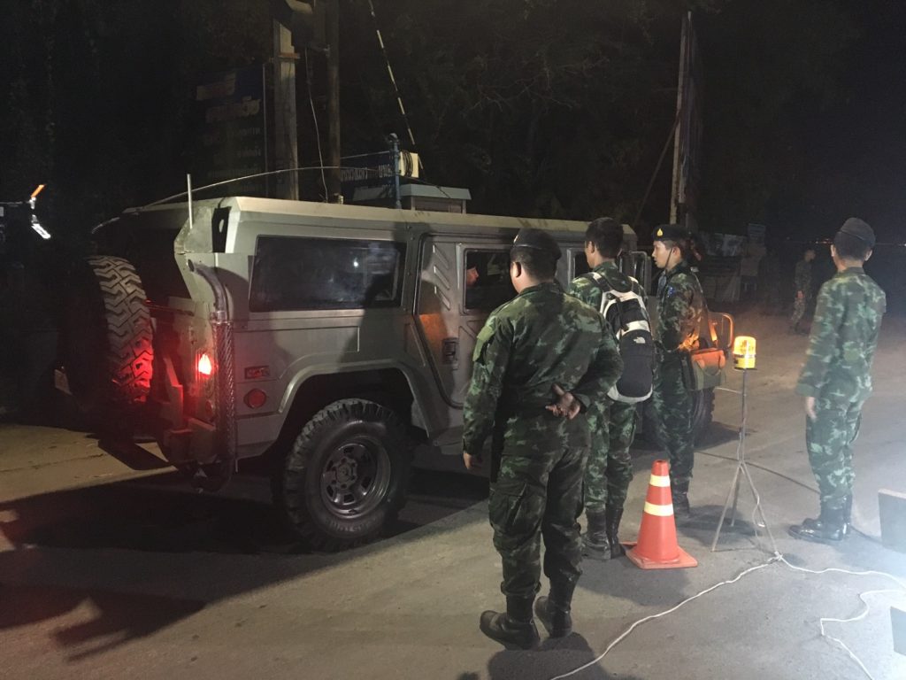 Soldiers man checkpoints around Dhammakaya Temple on Thursday early morning.