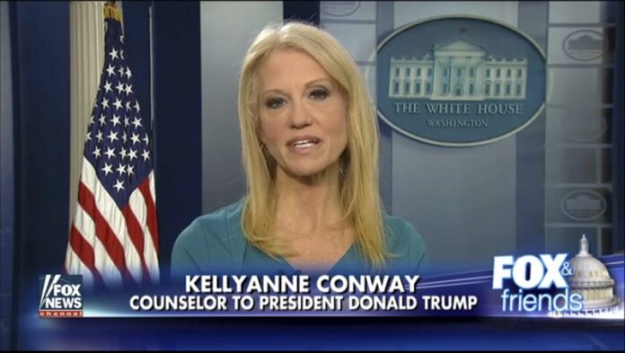 White House adviser Kellyanne during her interview with Fox News Fox and Friends, Thursday in the briefing room of the White House in Washington. Image: Associated Press