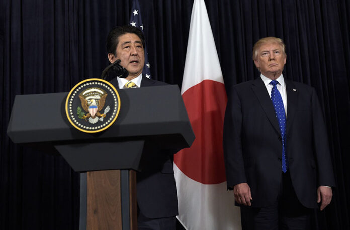 Japanese Prime Minister Shinzo Abe and President Donald Trump make statements in 2017 about North Korea at Mar-a-Lago in Palm Beach, Florida. Photo: Susan Walsh / Associated Press Japanese Prime Minister Shinzo Abe and President Donald Trump make statements in 2017 about North Korea at Mar-a-Lago in Palm Beach, Florida. Photo: Susan Walsh / Associated Press