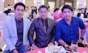 Actors Akkaphan “Om” Namart, at left, and Arnas Lapanich, at right, in a photo allegedly showing them with Laotian drug kingpin suspect Xaysana Keopimpha, blurred out at center.