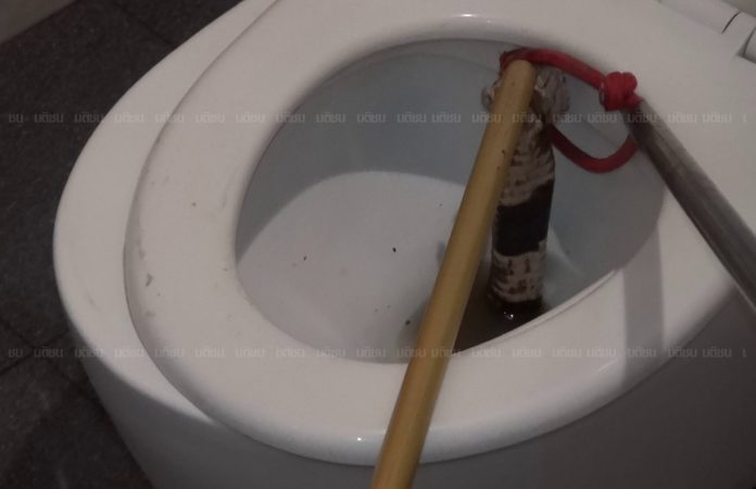 A two-meter cobra is pulled head-first from Suriya Rotprasert’s toilet Wednesday night in Nong Khai. Photo: Matichon