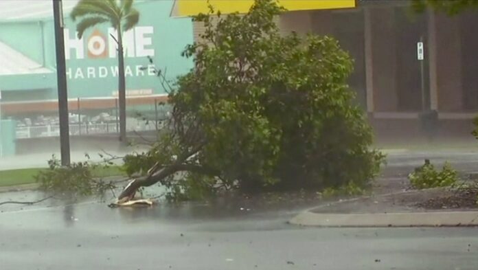 In this image made from video, tree debris on Tuesday lies on the street as wind gusts in Bowen, eastern Australia. Image: Associated Press