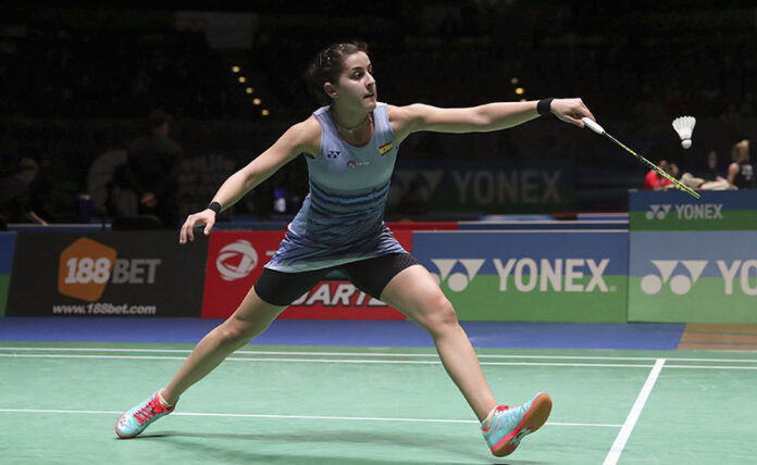 Spain's Carolina Marin in action during the Women's singles match during day two of the All England Open Badminton Championships on Wednesday in Birmingham, England. Photo: Simon Cooper / PA