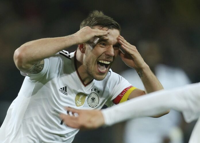 Germany's Lukas Podolski after scoring the opening goal during a friendly match between Germany and England in 2017 in Dortmund, Germany. Photo: Ina Fassbender / Associated Press Germany's Lukas Podolski after scoring the opening goal during a friendly match between Germany and England in 2017 in Dortmund, Germany. Photo: Ina Fassbender / Associated Press