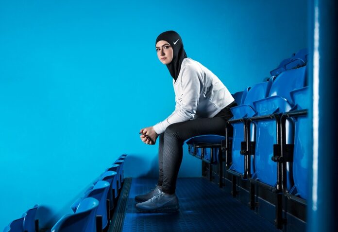 In this undated image provided by Nike, figure skater Zahra Lari model wears Nike's new hijab for Muslim female athletes. Photo: Associated Press