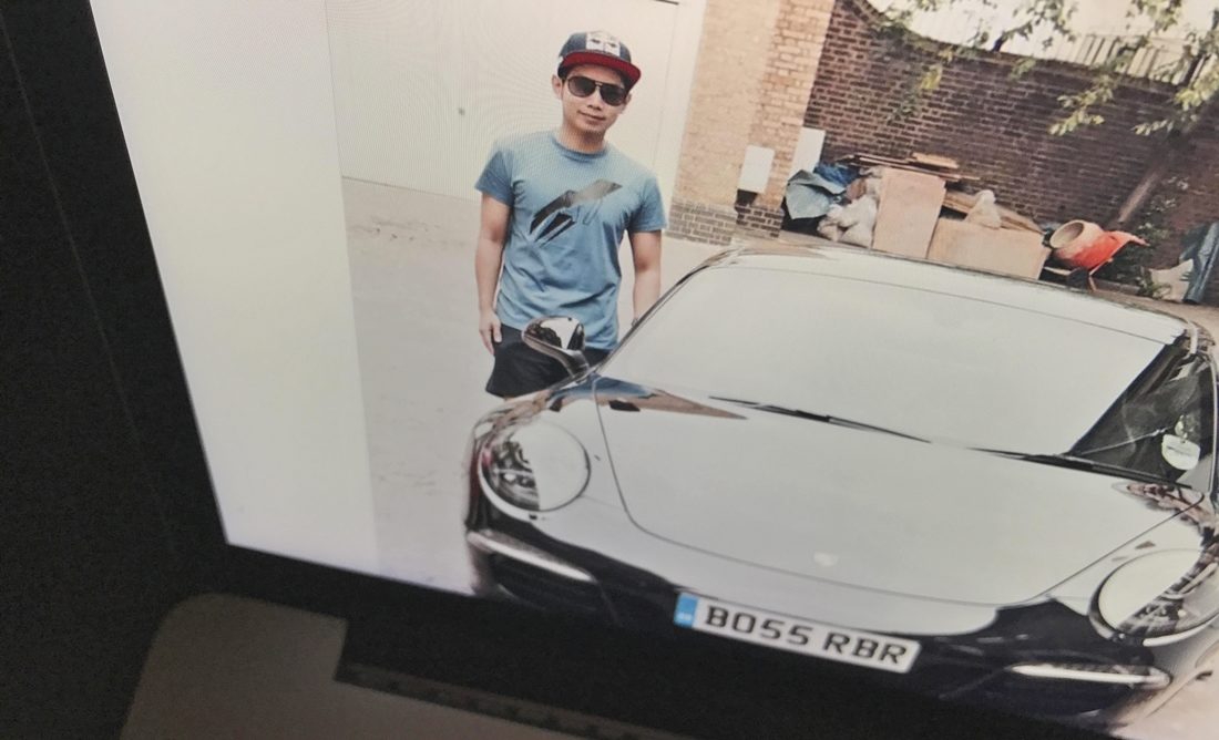 An image posted to the Instagram account of Porpeer Salin Suyarnsettakorn on July 2, 2015, shows Vorayuth "Boss" Yoovidhya, whose grandfather co-founded energy drink company Red Bull, standing next to a black Porsche with customized license plates in London. (Photo via AP)