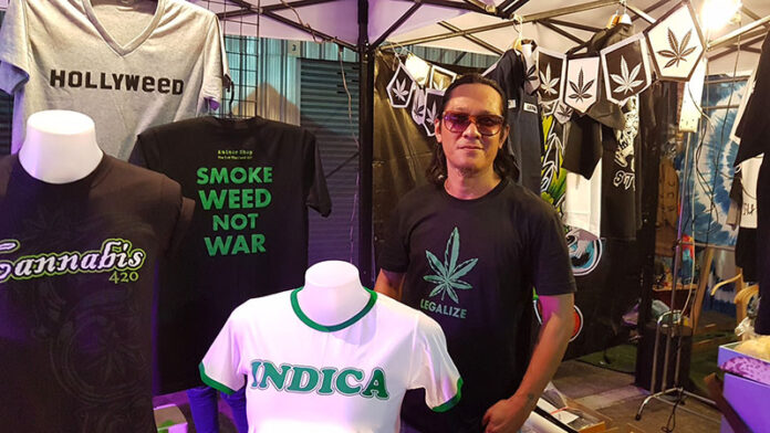 A vendor shows his wares on April 22, 2017, at Thailand 420, an event promoting promoting cultivation and alternative uses of cannabis.
