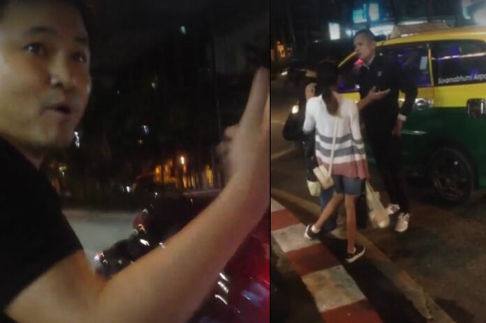 Takonkiat ‘Boy’ Weerawan, at left, says a taxi driver threatened to shoot him for damaging his cab. At right, he argues with the driver as his daughter looks on.