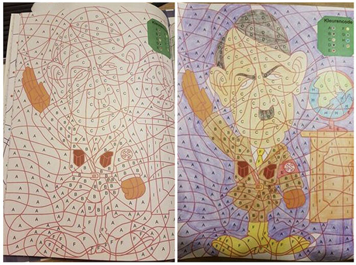 Color-by-numbers image of Adolf Hitler before, left, and after been coloured in, in a book which went on sale this week. Photo: Ray Vervloed / Associated Press