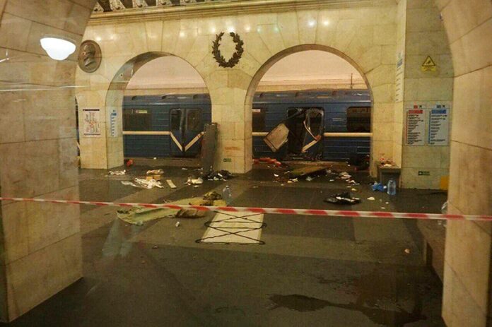 A subway train hit by a explosion Monday stays at the Tekhnologichesky Institut subway station in St. Petersburg, Russia. Photo: VK.com / Associated Press