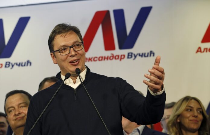 Serbian Prime Minister and presidential candidate Aleksandar Vucic, speaks during a press conference after claiming victory in the presidential election, Sunday in Belgrade, Serbia. Photo: Darko Vojinovic / Associated Press