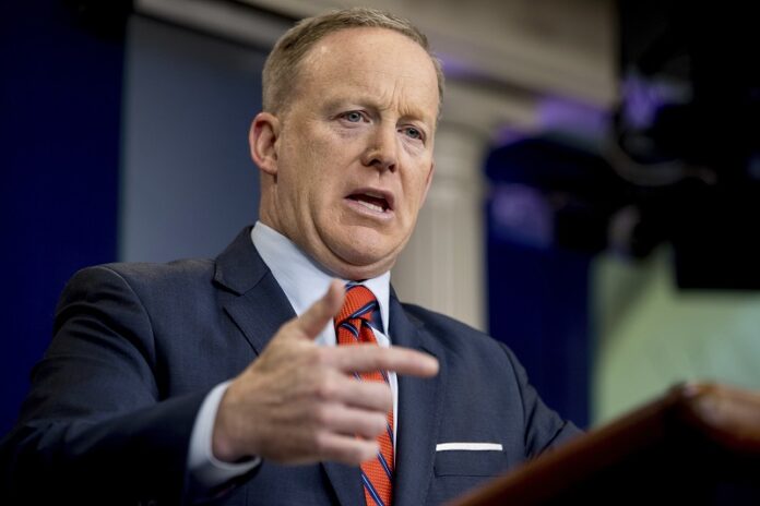 White House press secretary Sean Spicer talks to the media Tuesday during the daily press briefing at the White House in Washington. Photo: Andrew Harnik / Associated Press